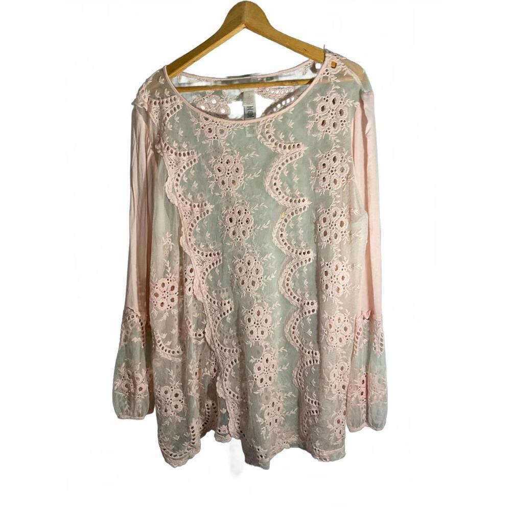 Chicos Light Pink Lace Semi Sheer Long Sleeve Blouse Size XL-2X